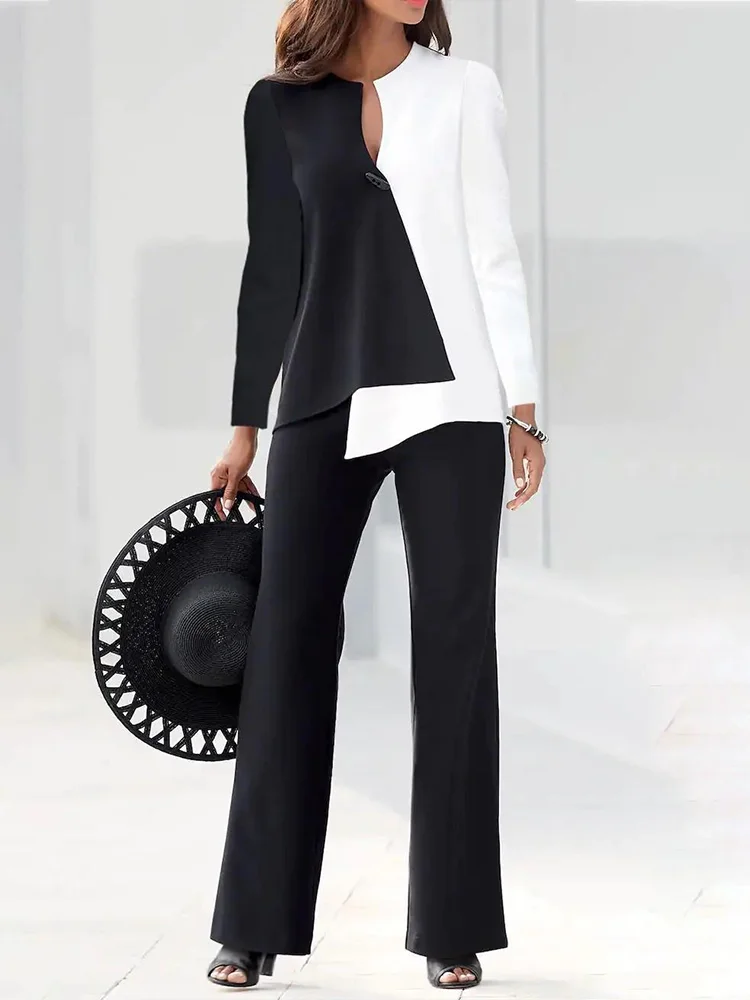

Casual Women Colorblock Long Sleeve Top & Wide Leg Pants Set Summer Femme Office Lady Two Pieces Suit Set Outfits Korean Style