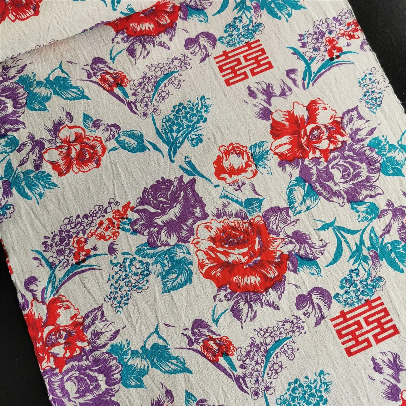 

NEW262 100%Cotton Manual Weaving Fabrics Chinese Character Happiness & Flowers Printing And Dyeing Coarse Fabric Table Clothes