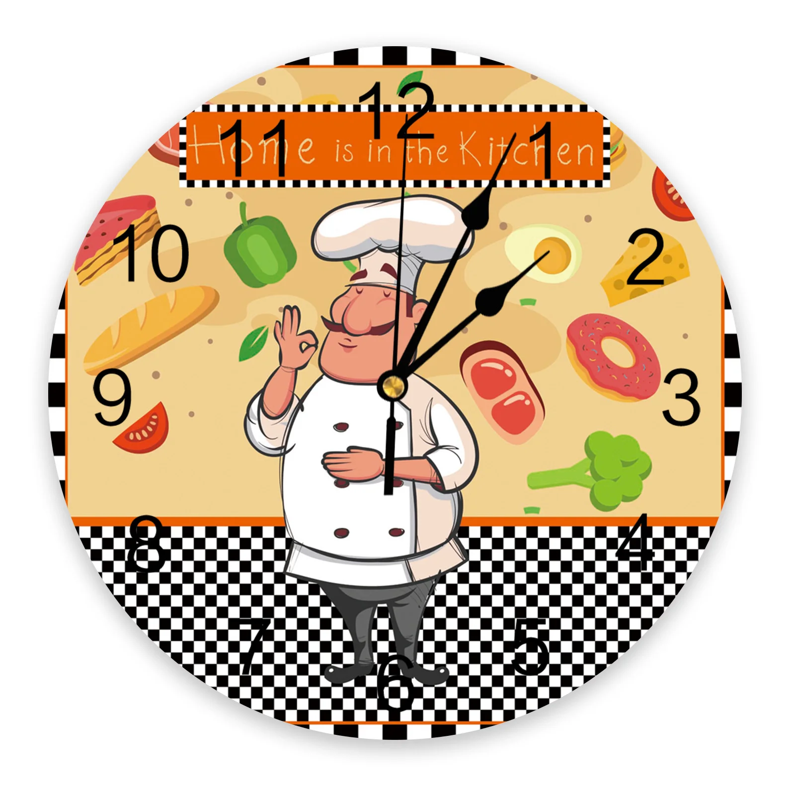 

Kitchen Cook Vegetables Meat Dessert Plaid Print Wall Clock Wall Art Silent Round Wall Watch for Home Decortaion Gift