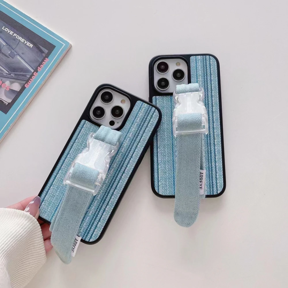 

New Applicable iPhone 14 Denim Mobile Phone Case 13promax Door and Window Bracket Xsmax Xs Xr Pearl Wrist Strap 12 11pro Cover