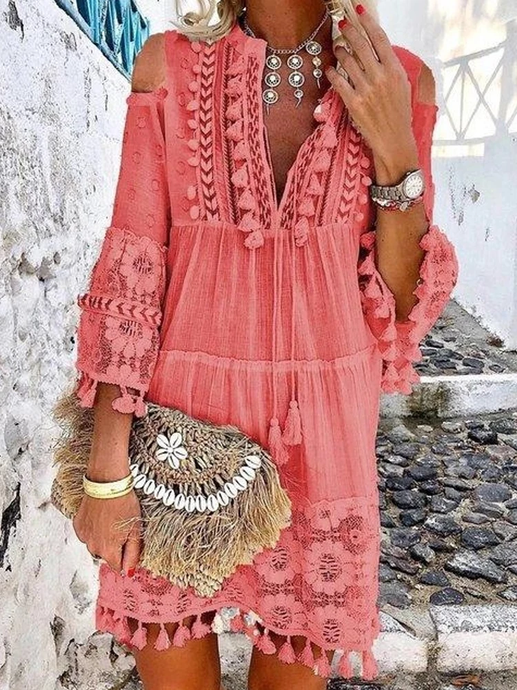 

New Casual Loose Beach Midi Dresses Summer Fashion V Neck Boho Retro Solid Patchwork Sleeve Dress Women Female Tassel Lace Dress
