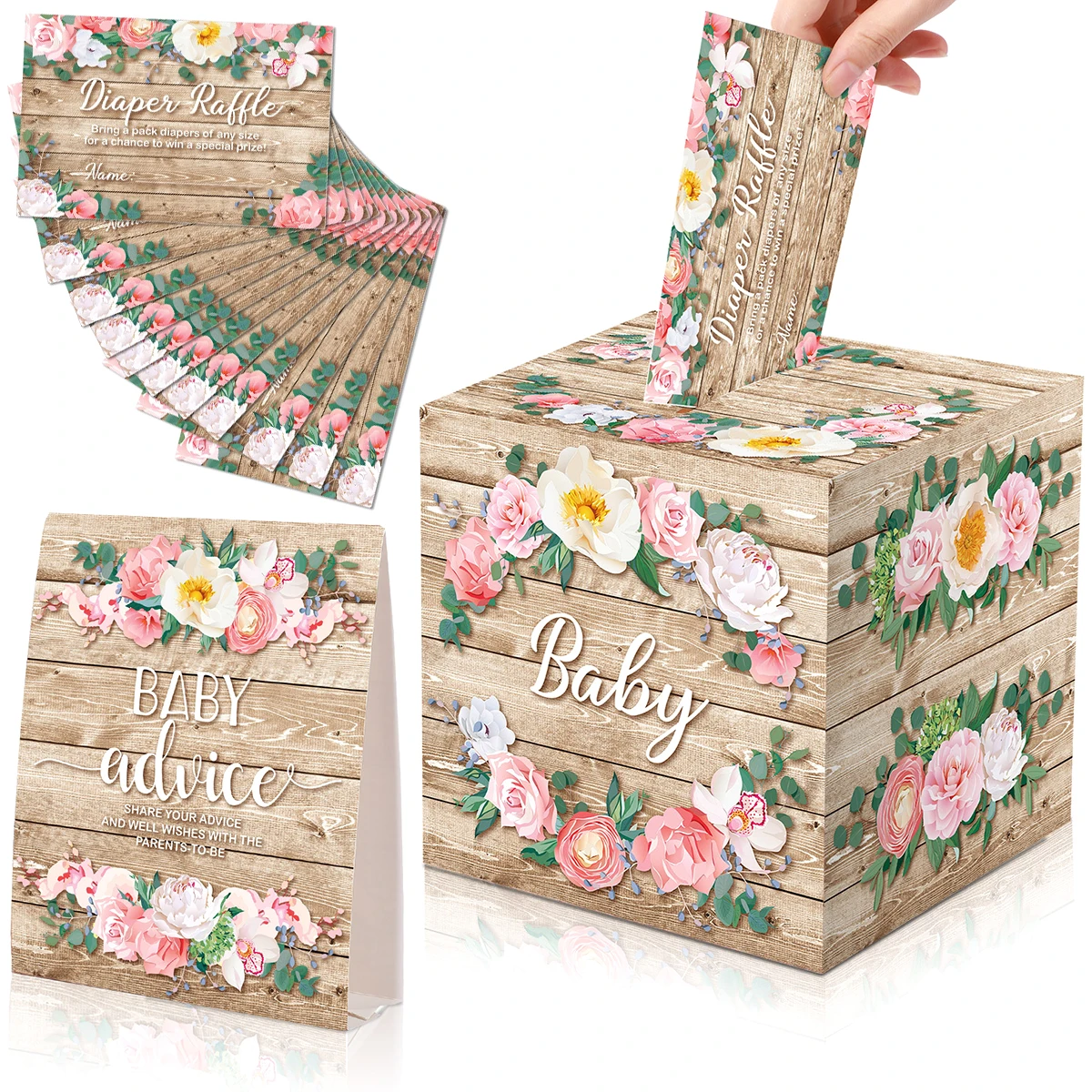

52Pcs Baby Shower Card Box Cute Diaper Raffle Tickets Game Box with Advice Cards Floral Themed Sign Box Flowers Card Box Party