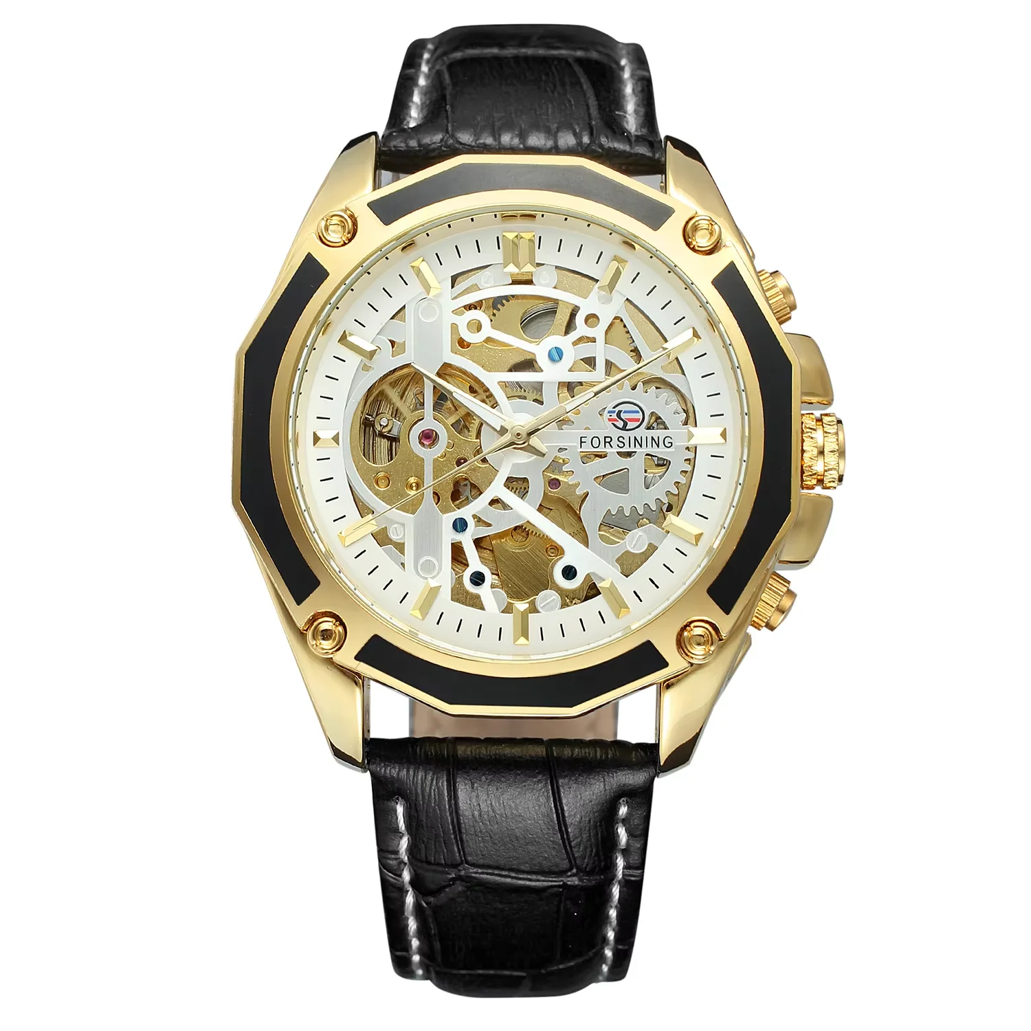 Часы FORSINING модный тренд крутой дизайн с полой резьбой черный кожаный ремень