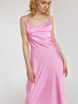 Elegant Women Pink Hollow Out Satin Midi Dress Sexy Backless Spaghetti Strap A-Line High Waist Female Dresses 1