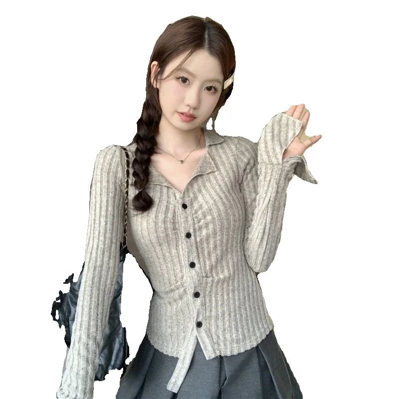 Корейская серия свитер с v-образным вырезом и длинными рукавами вязаный женский