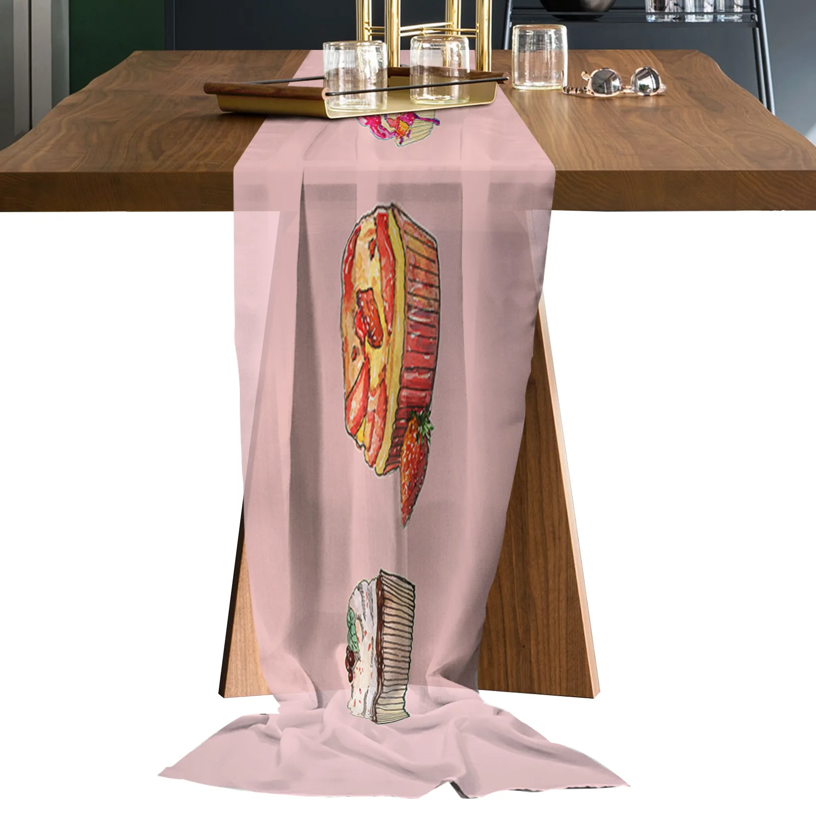 

Dessert Cake Hand Painted Chiffon Table Runners Wedding Party Decor Tablecloth Gauze Table Runner for Home Coffee Table