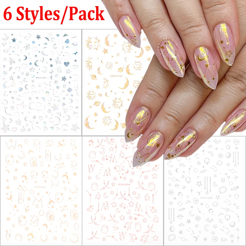 

6pcs/set Star Moon Nail Stickers 3D Laser Gold Silver Geometric Starry Heart Manicure Decals Self-Adhesive Nail Art Decorations
