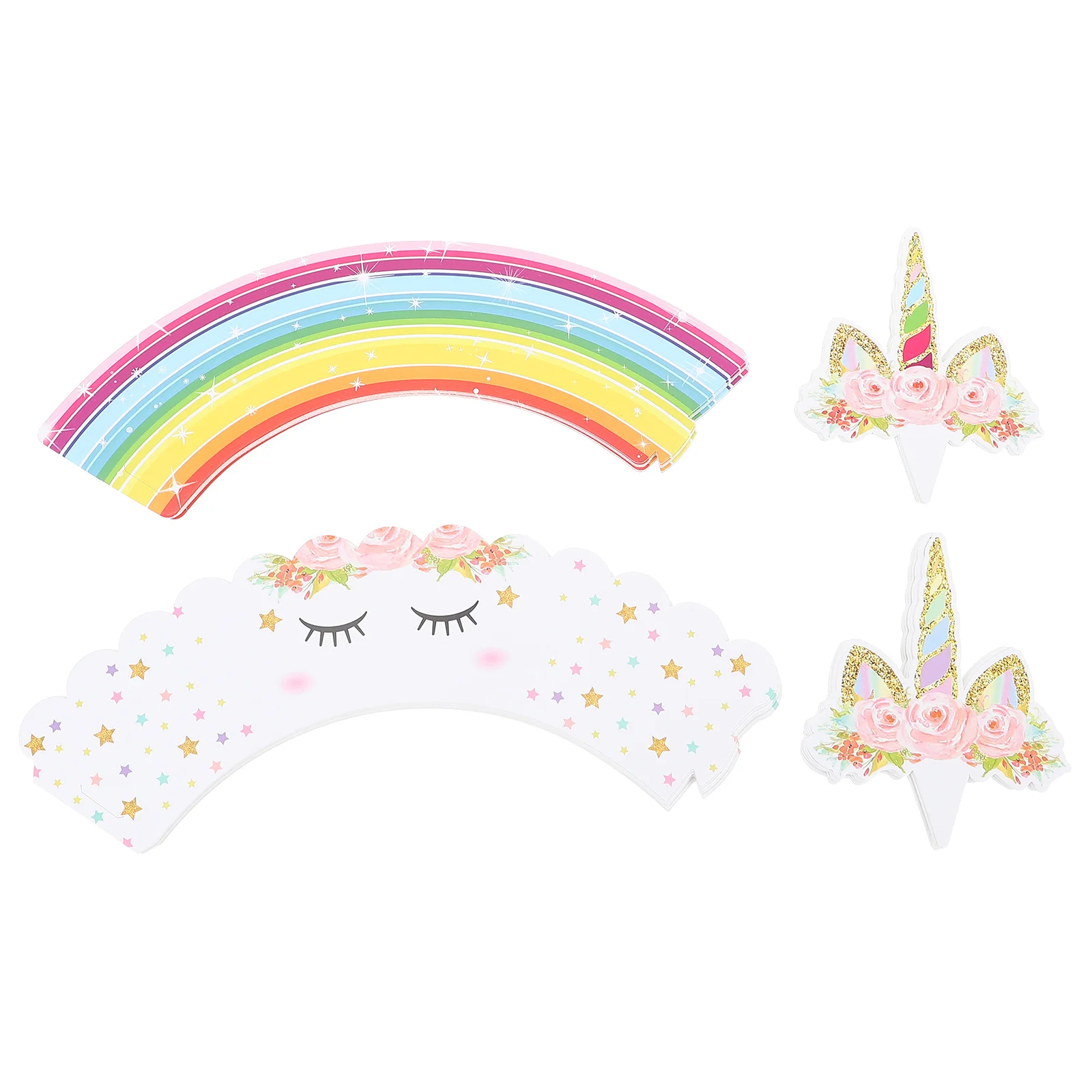 

24 Cupcake Toppers and Wrappers Set Horn Eyelashes Rainbow Glitter Wrappers Cake for Kids