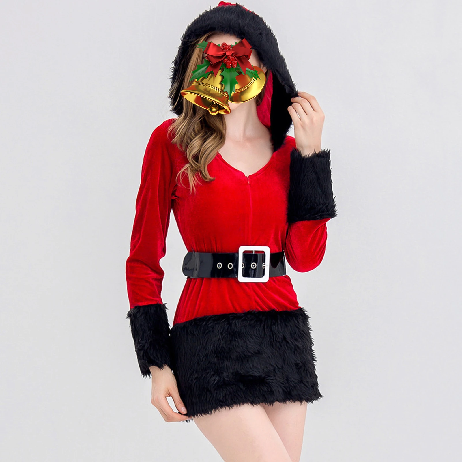 

Женский теплый костюм Санта Клауса, праздничный стиль, Женский костюм Санта Клауса с шапкой, с длинным рукавом и поясом, наряд для отпуска