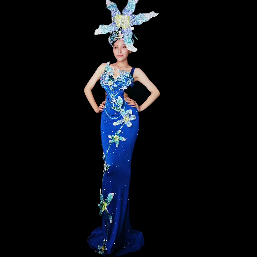 

Эластичное Сетчатое Прозрачное платье для женщин, длинное платье без рукавов с аппликацией, костюм для ночного клуба, одежда для диджея, певицы, сценическая одежда