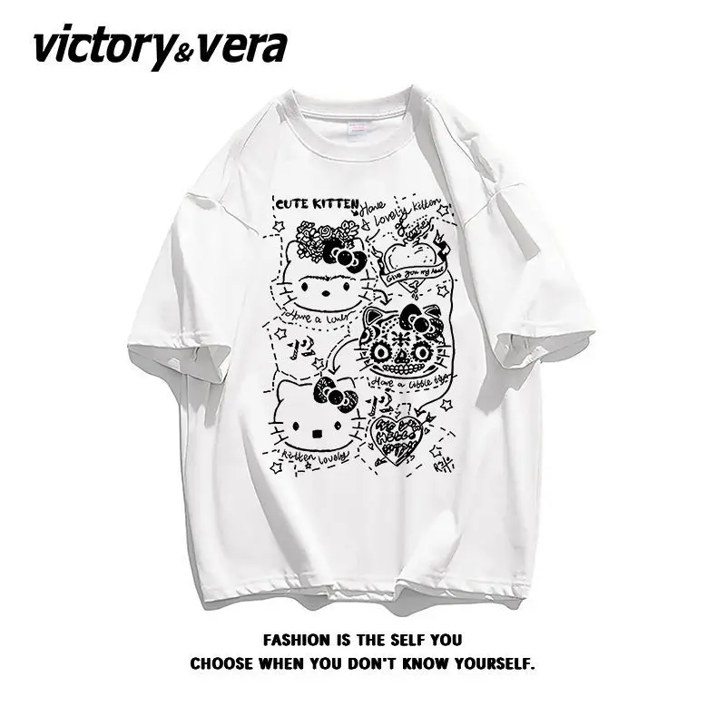 

Kawaii Sanrio Hellokitty винтажный Печатный короткий рукав Футболка Женский мультфильм модный бренд хлопок свободный рукав половинный Топ шикарный