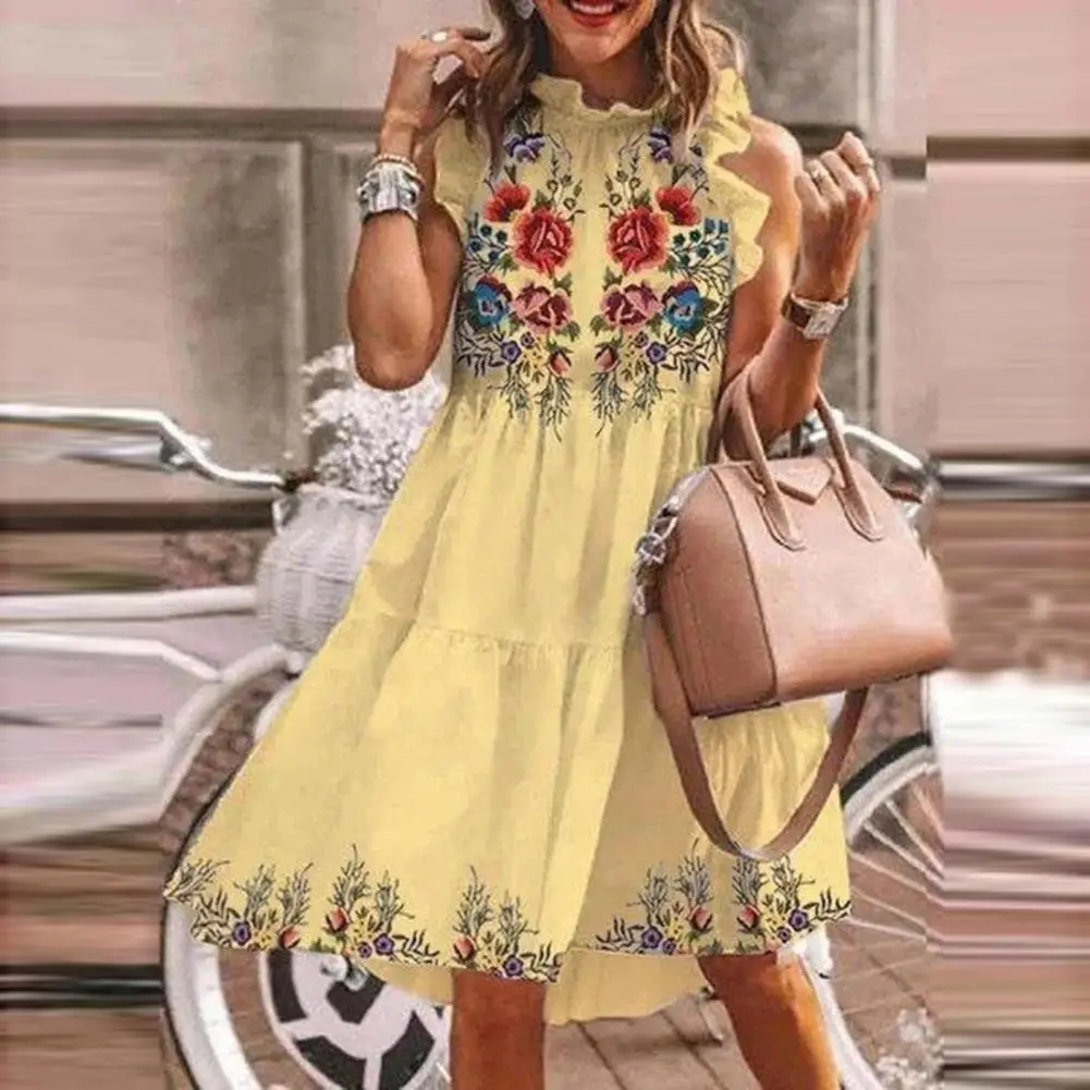 

Новинка лета 2021, модное богемное Хлопковое платье, женское свободное платье без рукавов с цветочным принтом и оборками, уличная одежда До Колена Для Женщин