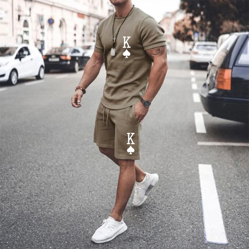 

Men's Sportswear Solid Color Letter K 3d Print O-neck T-shirt Suit 2022 Fashion Outdoor Leisure Sports Shorts Suit 2-piece Set