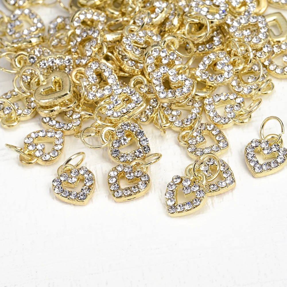 

10pcs Gold Heart Alloy Nail Art Charms Hollow Heart 3D Nails Piercing Rhinestones Pendant Luxury Jewelry Manicure Supplies