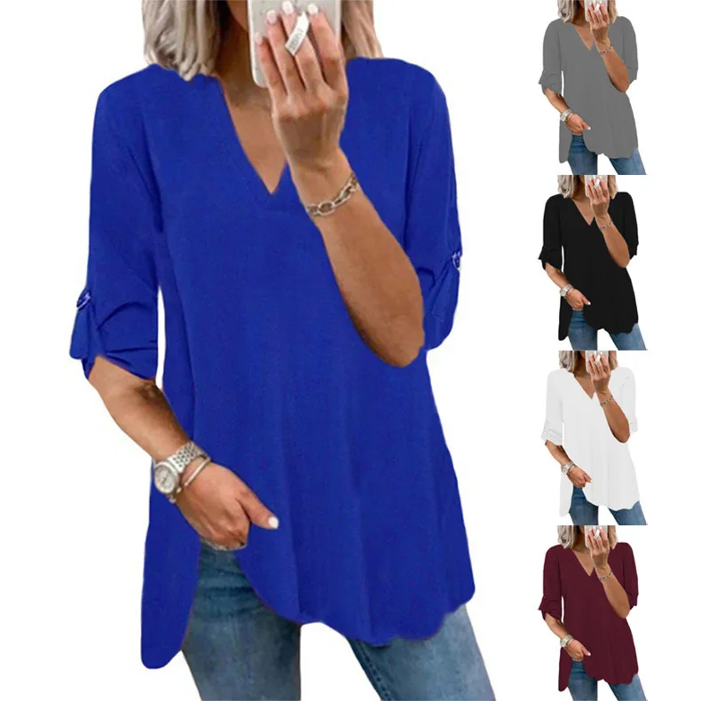 

Fashion New Women Casual Loose Shirt Elegant Solid Color Ladies Blouse V-Neck Long Sleeve Female Chiffon Pullover Tops