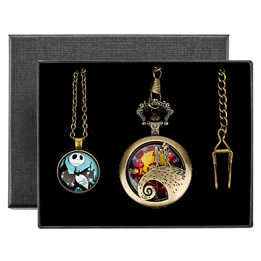 Hot Vintage Skeleton Themed Quartz Pocket Watch Gift Sets Birthday Pendant Fob Chain Pocket Clock Gifts for Men Women Kids