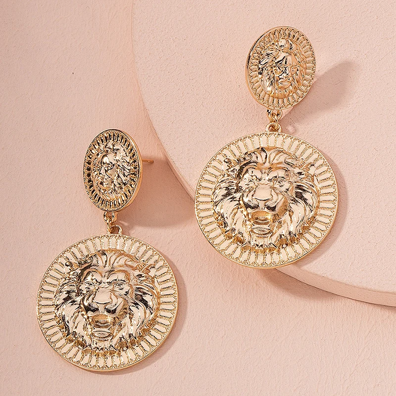 Винтажные женские серьги с тиснением в виде головы льва металлические крутые