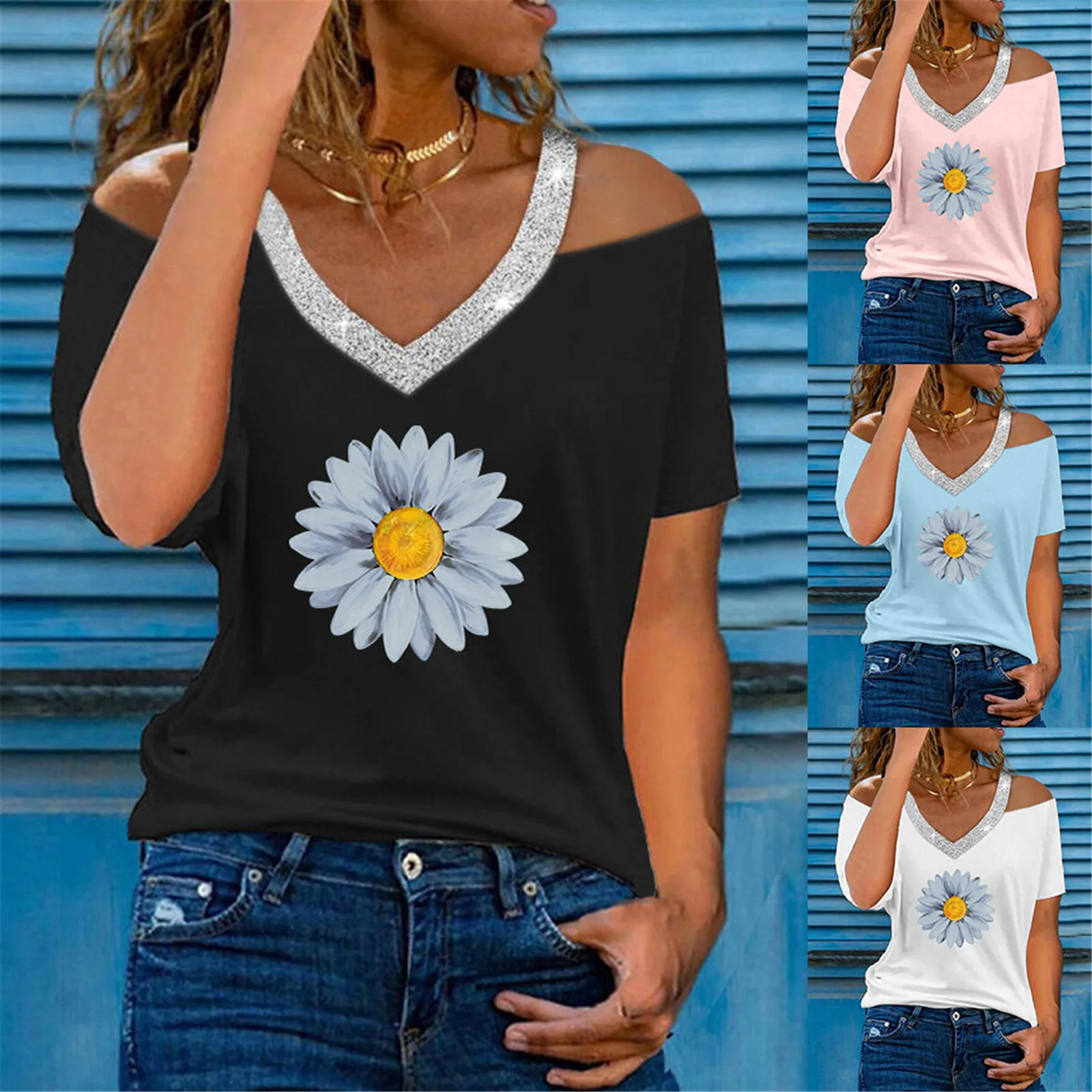 

Женская свободная футболка с коротким рукавом, V-образным вырезом и открытыми плечами