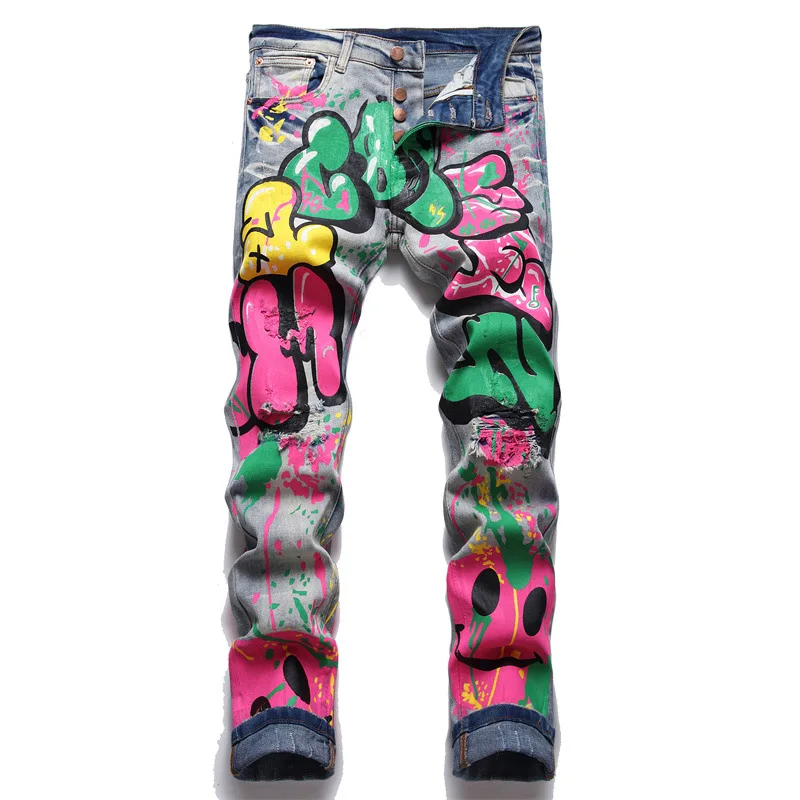 

Colored Doodle Painted Denim Jeans Men Streetwear Punk Stretch Denim Print Pants Buttons Fly Holes Ripped Slim Pencil Trousers