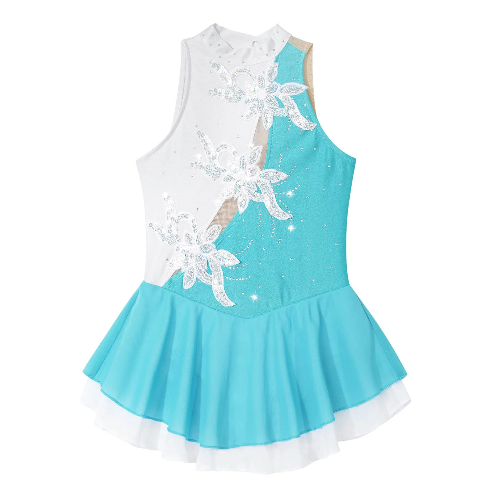 Kids Girls Ice Skating Clothes Sequins Floral Ballet Gymnastics Leotard Figure Skating Dress for Dance Competition Stage Costume