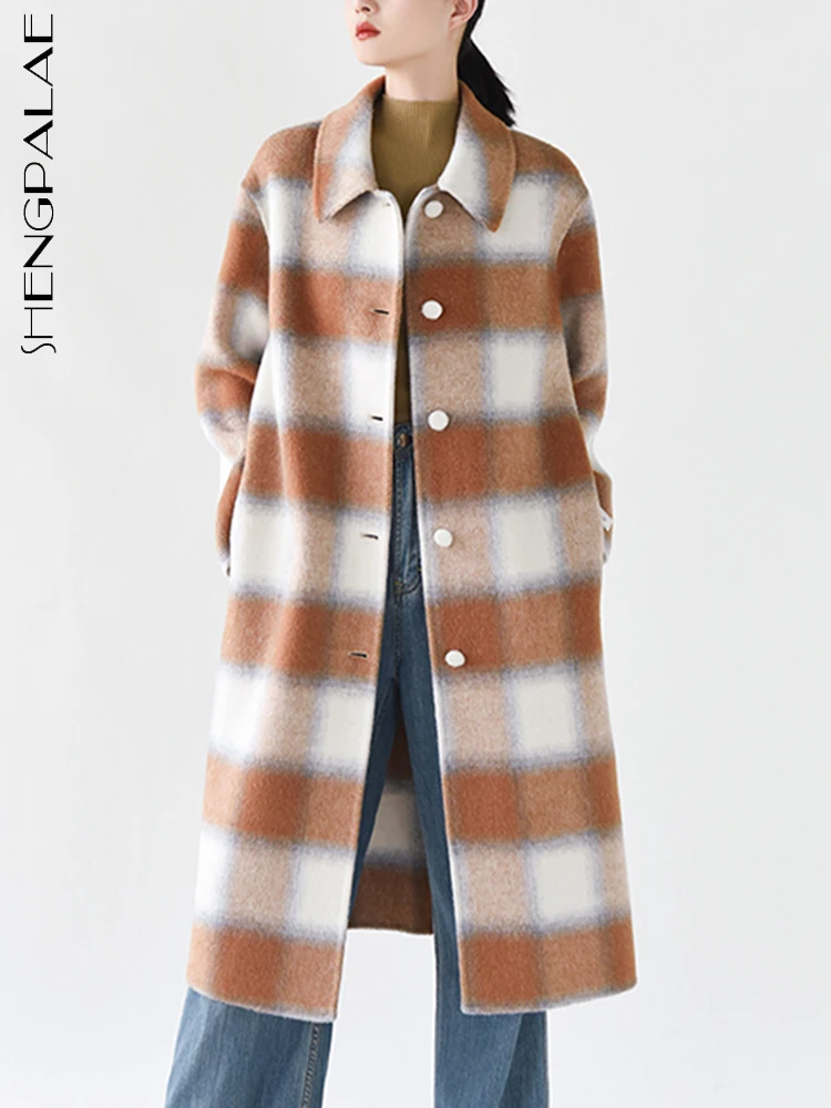 

SHENGPALAE модное клетчатое Женское шерстяное пальто осень 2023 новая контрастная цветная однобортная куртка до середины икры 5R6125