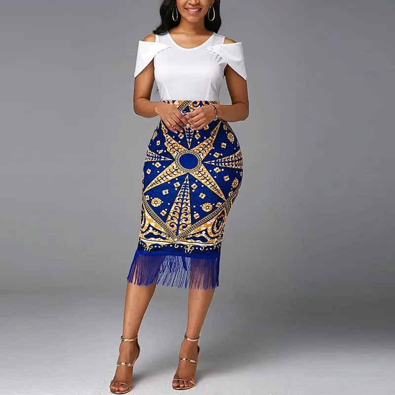 

2022 European and American women's clothing printing stitching tassel temperament commuter hip skirt retro high waist dress
