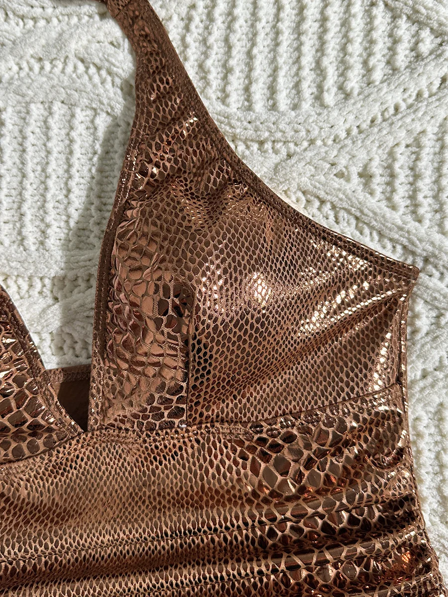 Фото Женский слитный купальник-монокини SnakeSkin с V-образным вырезом, открытой спиной и высокой талией, пляжный боди №5