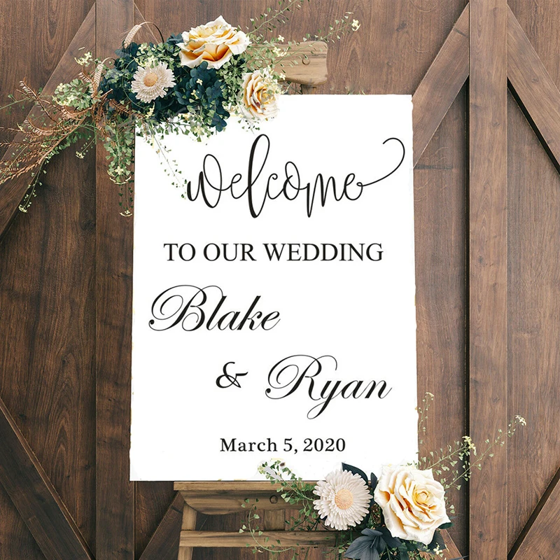

Welcome To Our Wedding Sign Vinyl Decals Custom Names Date Removable Sticker Wedding Mirror Decoration Welcome Sign Mural