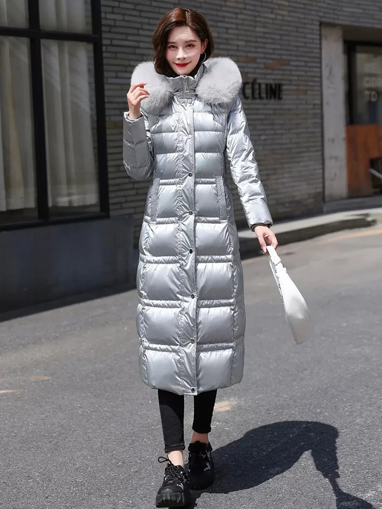 New Women Wash Free Glossy Surface Down Coat Winter Fashion Real Fox Fur Collar Drawstring Waist Thicken Warm Long Down Jacket