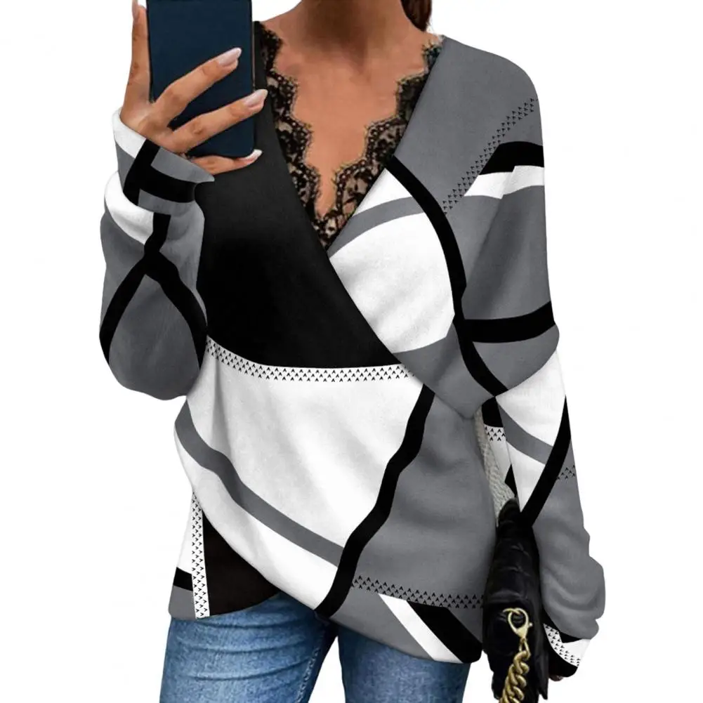 

Cross Wrap Deep V Neck Lace Long Sleeve Mid-length Women Blouse Casual Fashion Geometric Patchwork Color Pullover Blouse