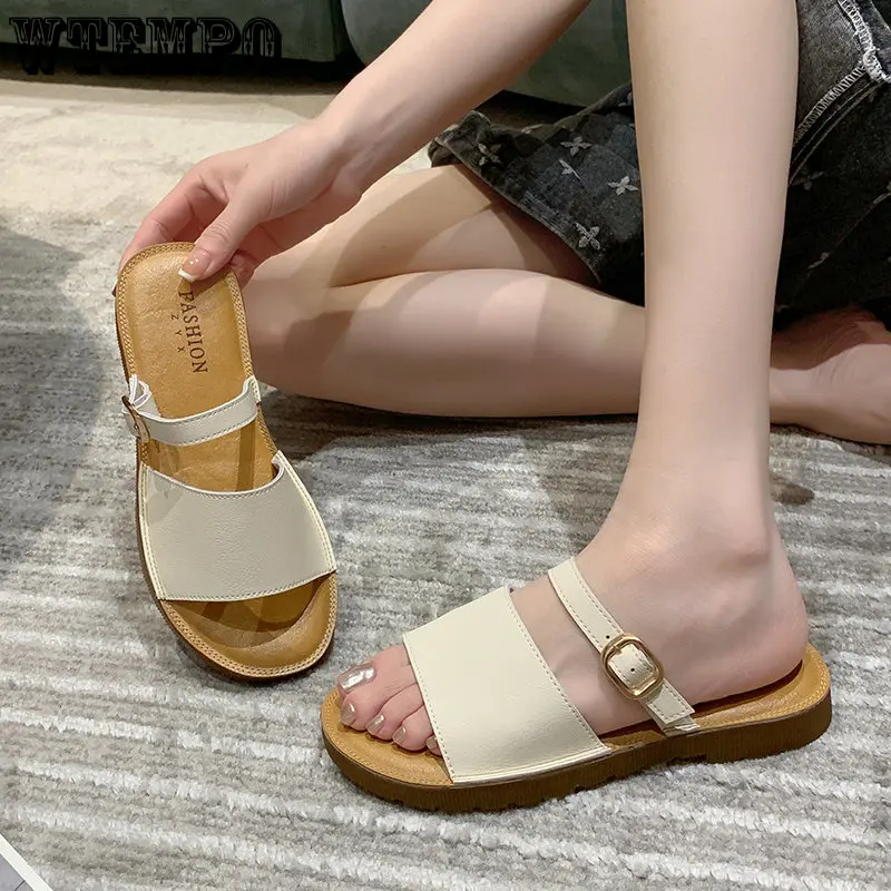 WTEMPO Summer Fashion Slippers Women's Outer Wear Flat Bottom One Word Drag Leather Soft Bottom Anti-slip Sandals Wholesale