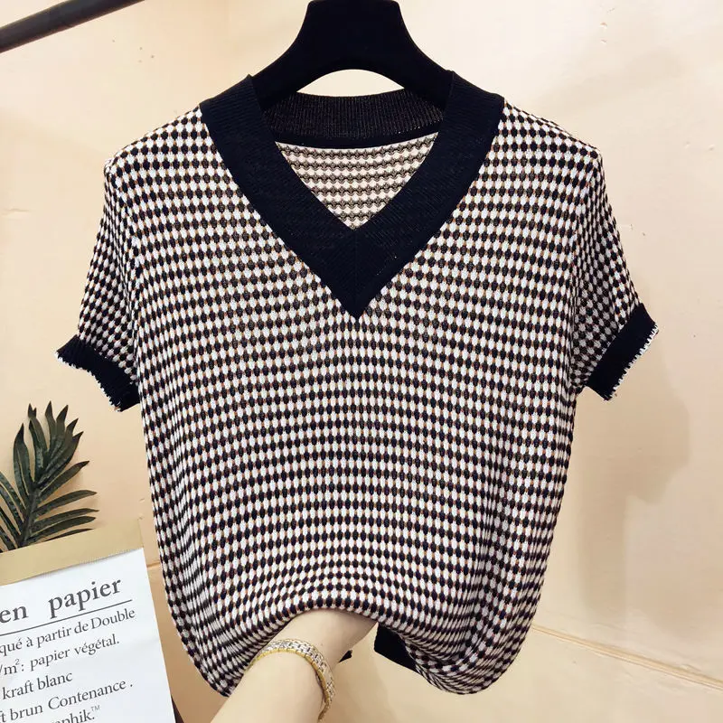 

Summer Fashion V-neck Knitting Casual T-shirt Ladies Simple All-match Basic Elastic Short Sleeve Pullovers Women Solid Tops