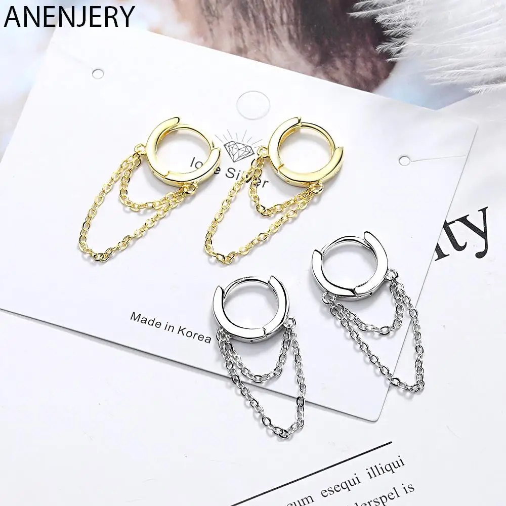 

ANENJERY Silver Color Punk Style Double Layer Chain Hoop Earring For Women Gold Color Ear Jewelry To Best Friends S-E995