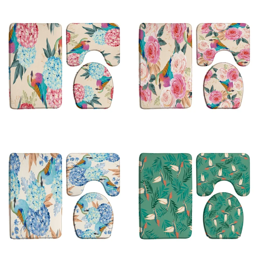 

Hydrangea Flower Bird 3pcs Bath Mat Set Floral Rose Leaves Doormat Flannel Anti-slip Bathroom Decor Rug Lid Toilet Cover Carpet