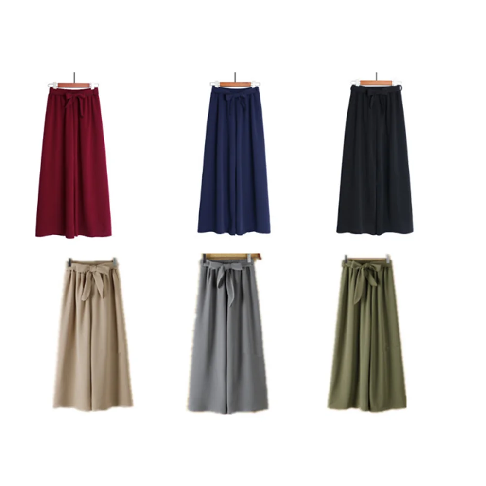 2022  Women Casual Loose Wide Leg Pants summer Elastic Waist Capris Bow Tie Solid Ankle-Length Trousers