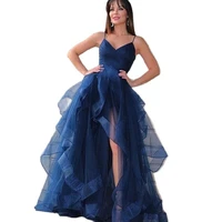 sexy v neck tulle evening dress navy blue 2022 spaghetti straps asymmetrical formal prom party pleats backless robe de soir%c3%a9e