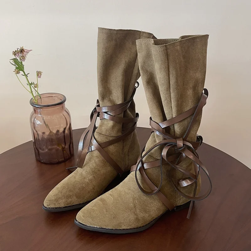 

Женские ковбойские ботинки с перекрестными ремешками, ботинки до середины икры на низком каблуке, без застежки, с острым носком, Нескользящие, осень 2023