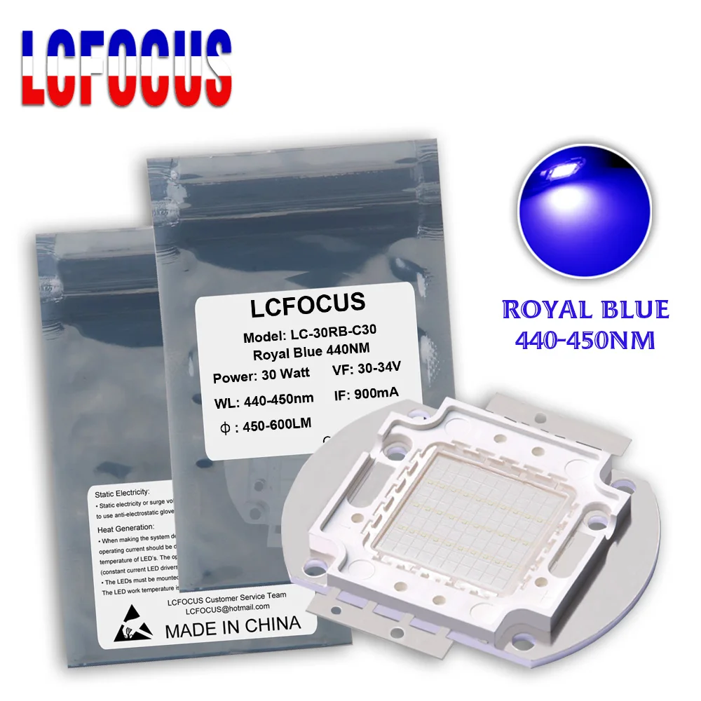 

Высокая мощность 30 Вт королевский синий 440nm 450nm COB чип SMD диоды 30mil DIY светодиодная лампа для выращивания растений для выращивания овощей парн...