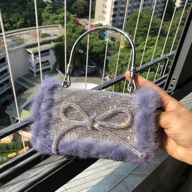 

Autumn Winter Rhinestones Diamond Real Rabbit Fur Square Bag Women's Handbag Evening Bag Dinner Party Clutch Purse Shoulder Bag