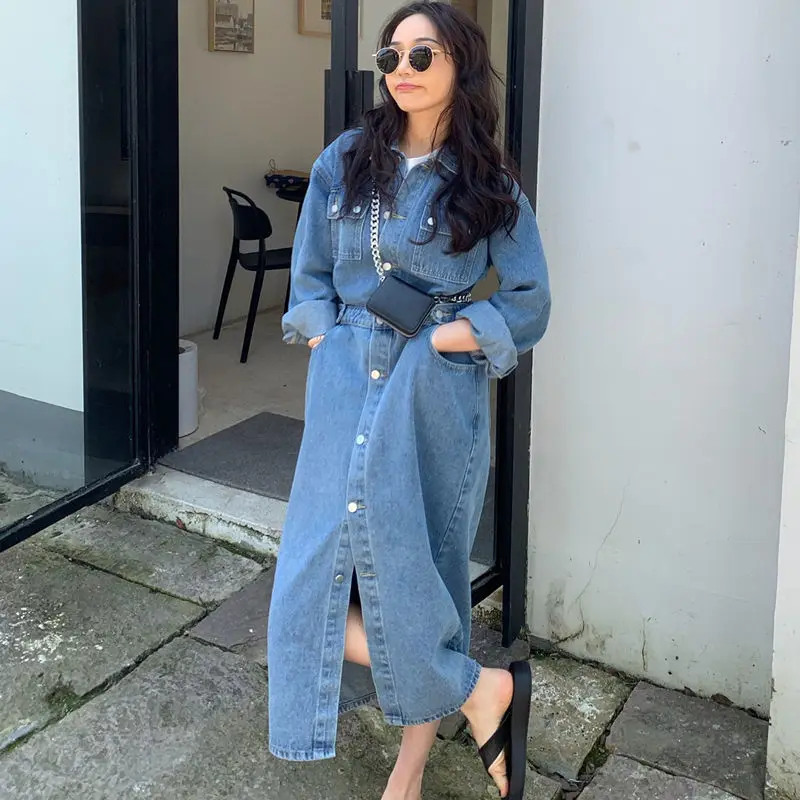 

Fashion Chic Lapel Women Denim Dress Full Sleeve Single-breasted Pockets Slim Waist Mid-length Female Jeans Dress 2022