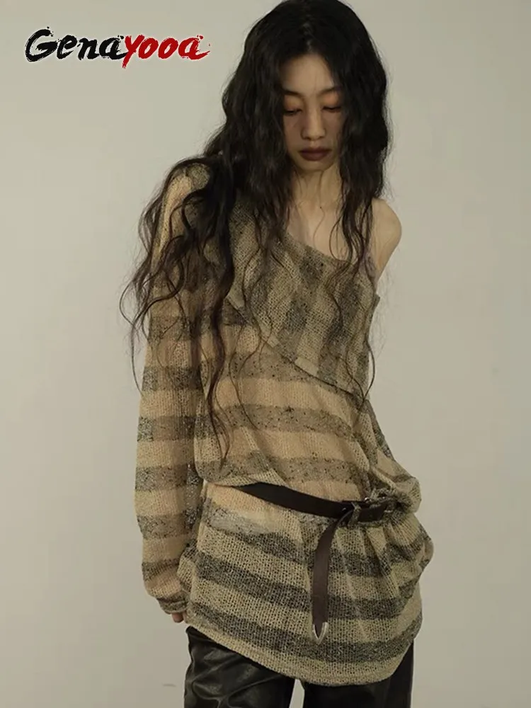 Женская Винтажная футболка в полоску Genayooa свободная с открытыми плечами и