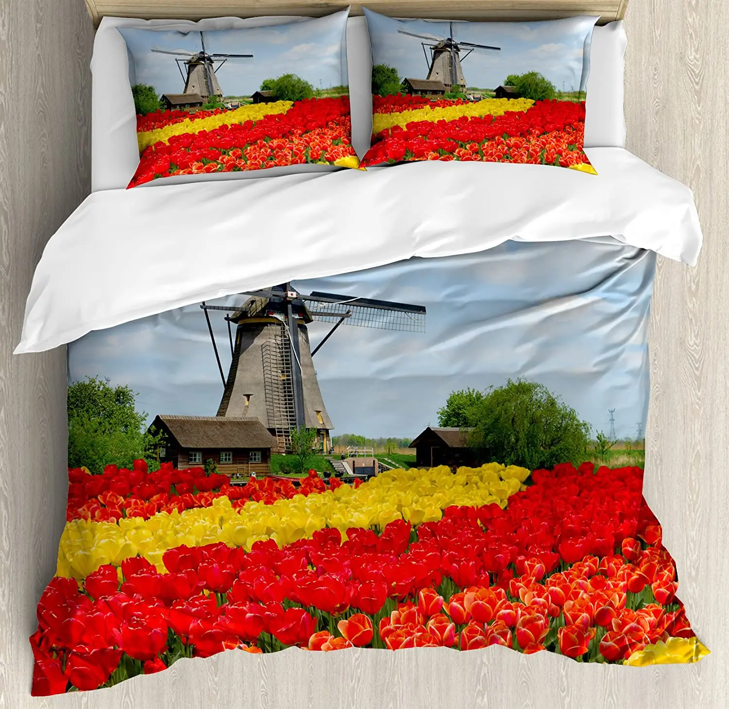 Комплект постельного белья с изображением мельницы для дома красочные тюльпаны