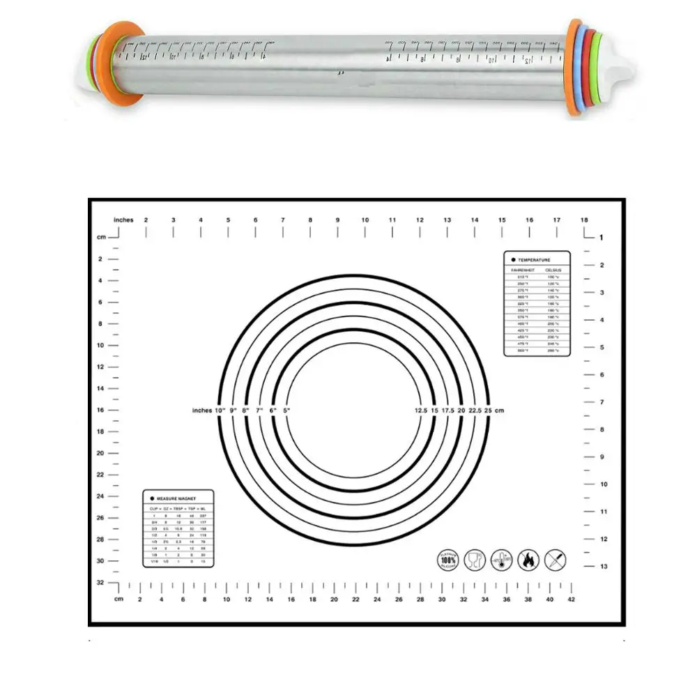 

Adjustable Stainless Steel 17 INCH Rolling Pins Dough Roller And Pastry Mat for Baking Dough, Pizza, Pie, Pastries, Pasta