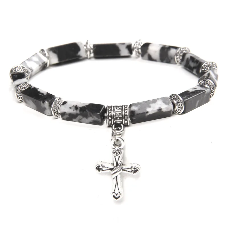 

Classic Cross Bracelets For Men Long Cube Shape Black Beads Bracelet Natural Stone Tiger Eye Jesus Cross Charm Bangles Jewelry