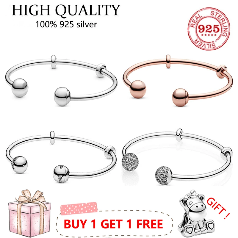 

Authentic S925 Sterling Silver Set Ball Opening Cz Bracelet Women's Diy Jewelry Original Charm