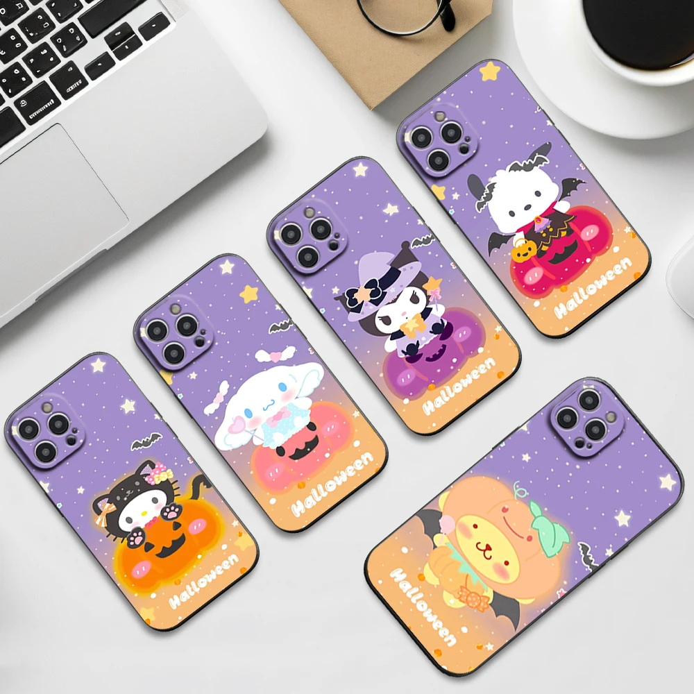 Милый чехол для телефона MINISO Halloween S-Sanrio iPhone 16 11 12 13 14 15 Pro Max Plus черный мягкий