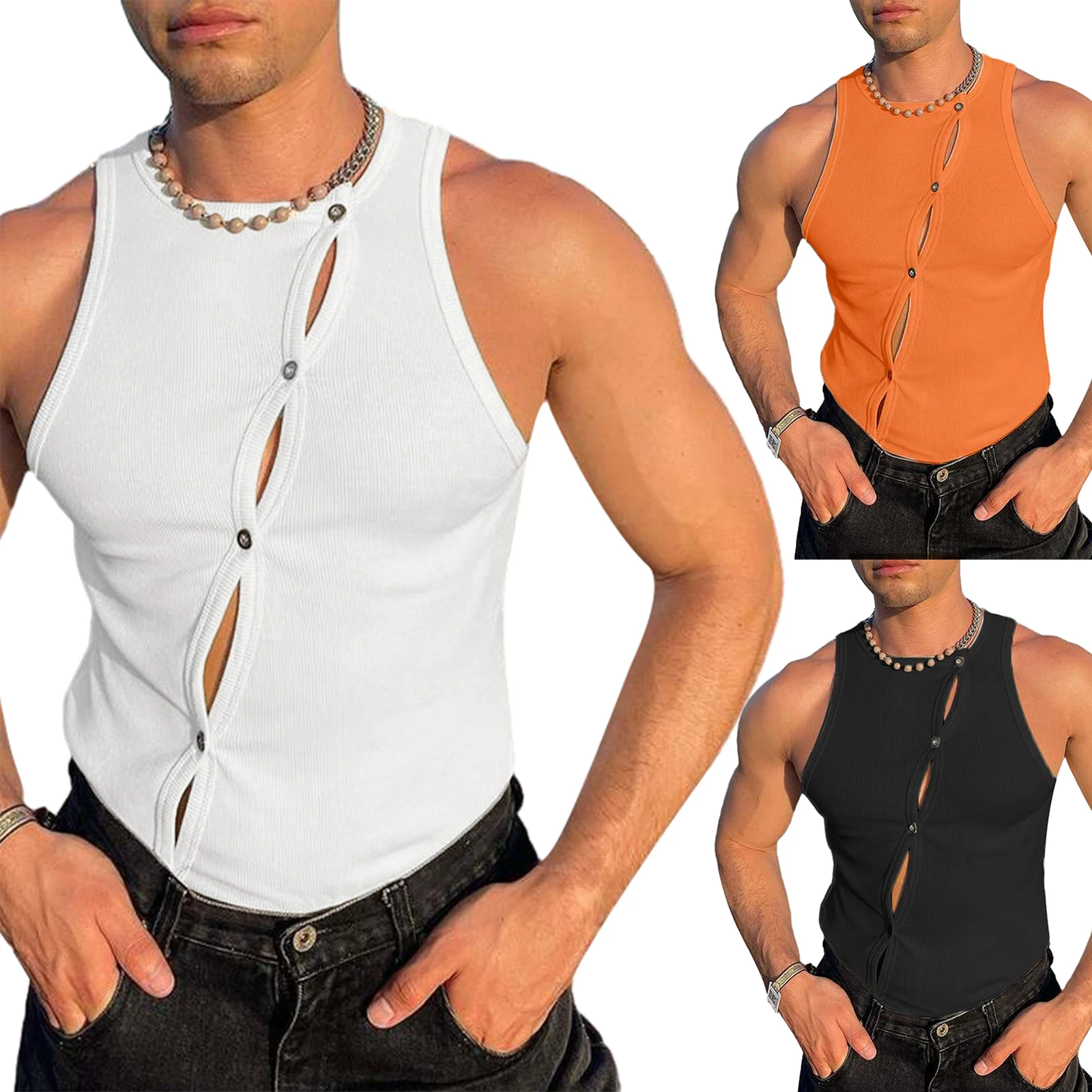 

Мужские стильные однотонные трикотажные майки на пуговицах без рукавов, быстросохнущие дышащие майки