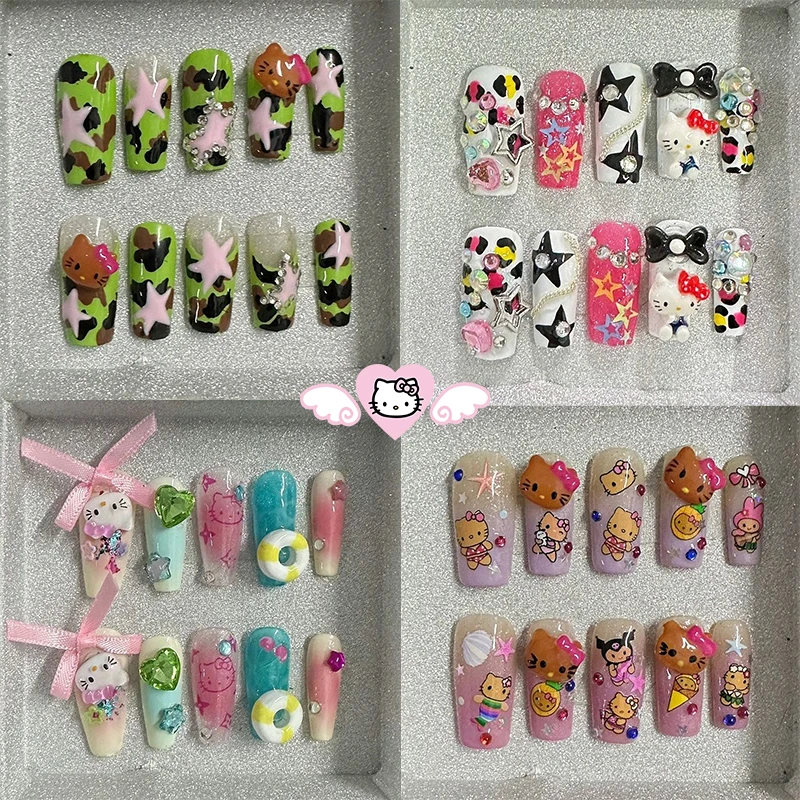 

Hello Kitty Sanrios Nail Art Pure Handmade Kawaii Anime Cartoon Y2K Hot Girls Diy Detachable Manicure Accessories Decorate Gift