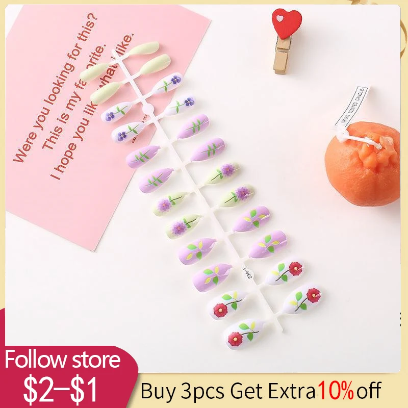 

24pcs Refreshing Summer Short Pink Flower False Nails Girls Nail Art Decoration Full Cover Artificial Fake Nails Removable