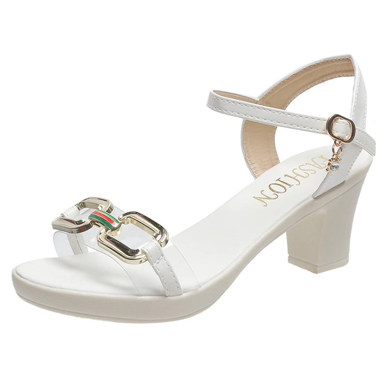 

2022 Summer High Heel Fashion Ssndals Thick with External Buckle Belt Square Stylish Black and White Color Female